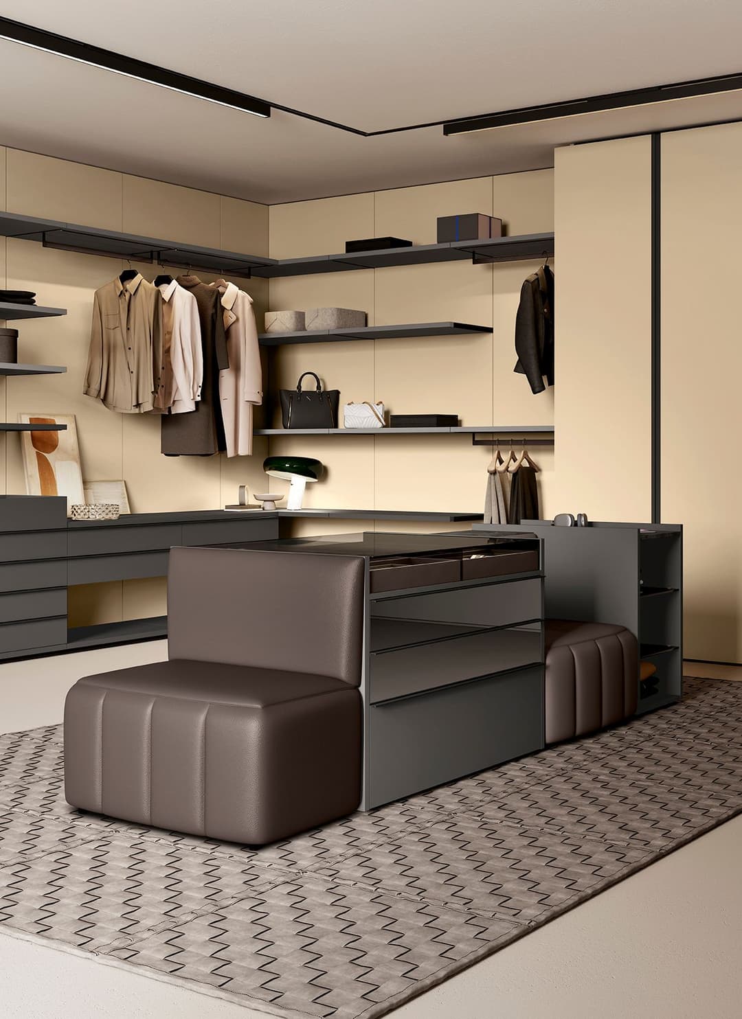Hype is a modular system for walk-in closets with a rack structure, designed for linear, corner or custom solutions